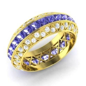 3.70 Ct Princess Cut Natural Tanzanite Diamond Ring Engagement 14K Yellow Gold - Picture 1 of 5