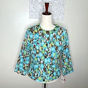 RUBY Rd Size 10 Unlined JACKET Beaded Snap Front Turks & Caicos Print BLUE NWT - Picture 1 of 19