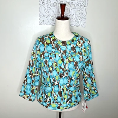 RUBY Rd Size 10 Unlined JACKET Beaded Snap Front Turks & Caicos Print BLUE NWT - Image 1 of 4