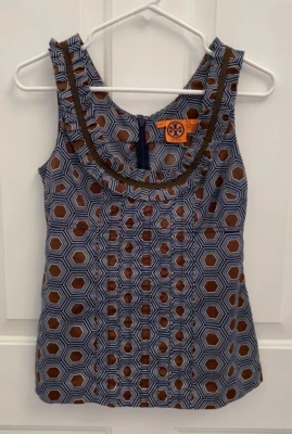 Tory Burch Womens Size 2 Hexagon Print Tank Top Blue Brown Geometric Back Zip - Image 1 of 4