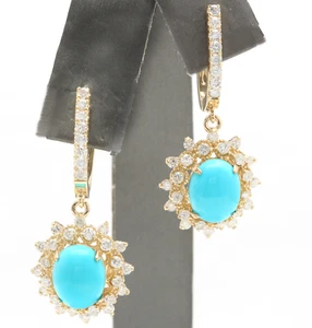 5.80Ct Natural Turquoise and Diamond 14K Solid Yellow Gold Earrings - Picture 1 of 6