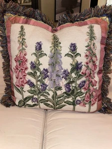 needlepoint pillow floral foxglove horchow fringe  - Picture 1 of 8