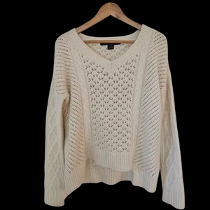 French Connection Damenpullover Angora-Mischung weich creme Zopfmuster V-Ausschnitt Gr. XS - Bild 1 von 18