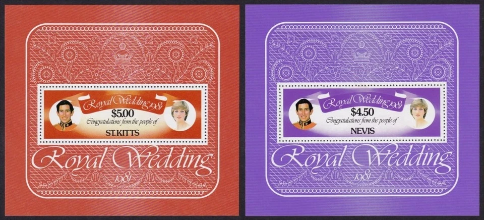 Hoja de recuerdo de boda real de San Cristóbal/Nieves, 1981 x 2 excelente sin montar como nueva MNH Foto 1 de 1