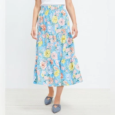 NUEVO CON ETIQUETAS LOFT Floral En Niveles Lino Falda Midi Azul Rosa Amarillo Talla Grande NUEVO Foto 1 de 4