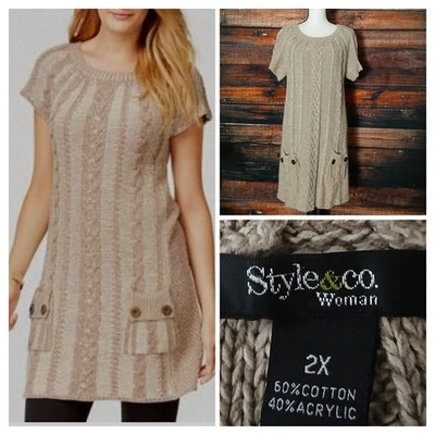 Vestido Suéter Túnica Mujer Style & Co 2X Tejido con Cable Manga Corta Galleta Tostado Foto 1 de 4