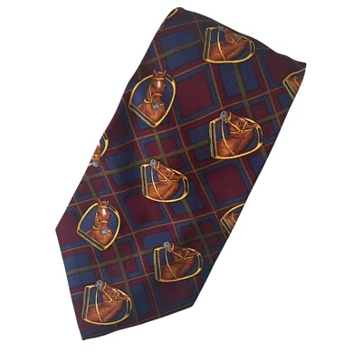 Vintage Richel Equestrian Horse Print Silk Tie Geometric Blue Burgundy Foto 1 de 4