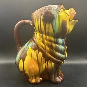 Vintage 11" Multi Color Mexican Majolica Oaxacan Drip Pig Pottery Pitcher - Picture 1 of 9