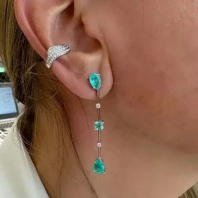 6 Ctw Lab Created Emerald 14K White Gold Plated Christmas Stick Drop Earrings - Image 1 of 4