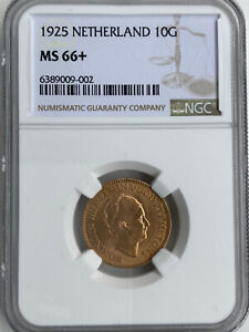 Netherlands Wilhelmina gold 10 Gulden 1925 MS66+ NGC TOP POP !!!