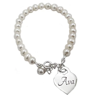 Silver Cultured Freshwater Pearl Bracelet with Engravable Heart Disc 5" Toddler - Image 1 of 2