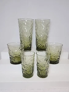 6 Pc Vtg Libbey AZTEC Glasses Olive Green Crinkle Tumblers Old Fashioned Juice - Picture 1 of 8