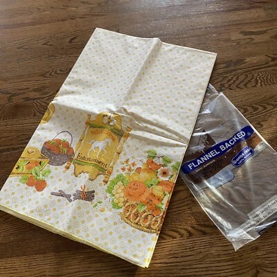 Vintage 70's Kitchen Flannel Back Vinyl Tablecloth Yellow Floral 52"×70" NEW - Image 1 of 4