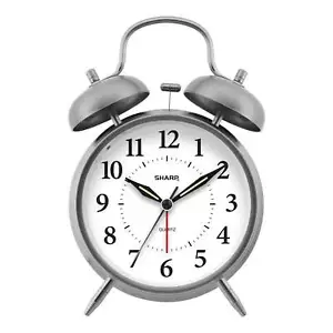 Twin Bell Quartz Analog Alarm Clock, Silver Brushed Metal, Loud Alarm - Picture 1 of 7