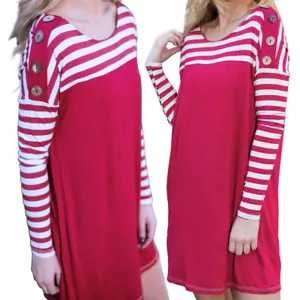 US Women's Fashion Long Sleeve Drop Shoulder Contract Stripe Mini Dress Rose Red - Picture 1 of 17