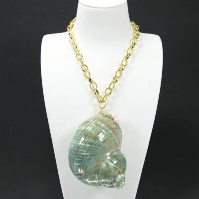 Huge Natural Green Turban Shell Coral Sea Snail Pendant Chain Necklace - Image 1 of 4