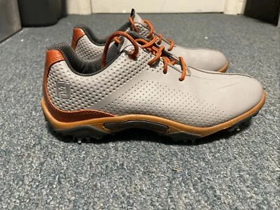 FootJoy Junior Youth 6 M Gray & Orange Leather Golf Shoes Cleats w/ Orange Laces - Image 1 of 4