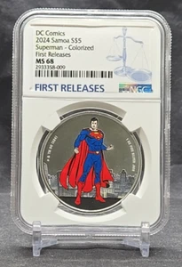 2024 SAMOA $5 DC COMICS JUSTICE LEAGUE SUPERMAN NGC MS68 FR COLORED SILVER COIN - Picture 1 of 9