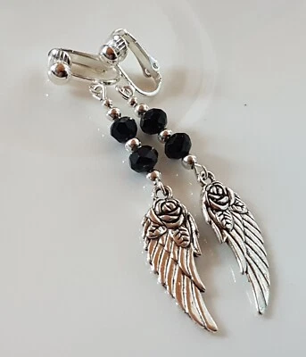 OHRCLIPS CLIPS VERSILBERT ENGELSFLÜGEL SCHWARZE KRISTALL PERLEN - Bild 1 von 2