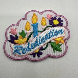 Iron On Patch REDEDICATION 3 Candles Purple Orange Flowers Pink Trim - Picture 1 of 2