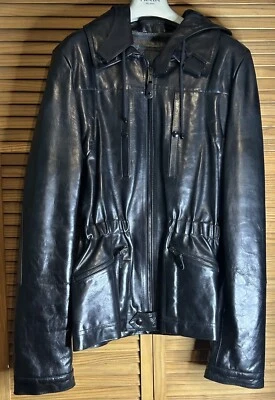 Balenciaga Men’s Black Leather Jacket Hoodie Size 48 Nicolas Ghesquiere 2006 - Image 1 of 4