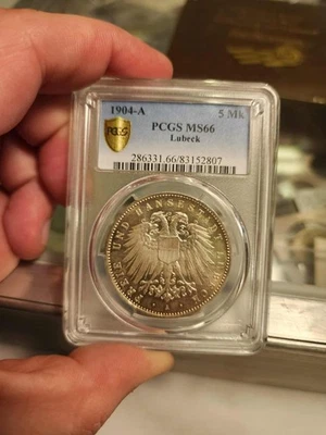 L98 Alemania Lubeck 1904-A Plata 5 Marcas PCGS MS-66 MAYOR RAREZA Foto 1 de 2