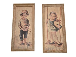 1960’s M. Medeiros Two Big Eyed Boy Girl Vtg Litho print On Board 33"x 15" Each - Picture 1 of 16