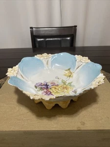 Antique RS Prussia(?) Large Lily Bowl Spring Colors Turquoise Lavender Yellow - Picture 1 of 24