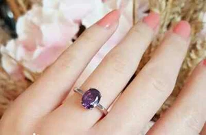 2CT Oval Lab Created Purple Amethyst Diamond Solitaire Rig 14K White Gold Plated - Picture 1 of 11