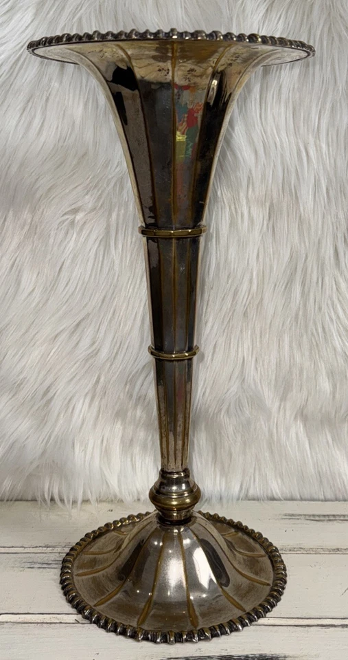 "Florero trompeta 15"" con paneles borde Gadroon plata oro deslustre" Foto 1 de 4