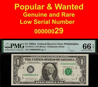 1988A $1 FRN Philadelphia PMG 66EPQ birthday gift low serial number 00000029 - Image 1 of 4
