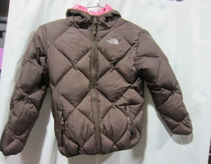 The North Face Reversible Down Puffer Jacket Brown Pink Plaid Youth Girls Large - Picture 1 of 12