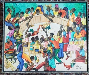 VINTAGE OIL PAINTING SIGNED JAC JR. HAITI HAITIAN CITY COCK FIGHTING FESTIVAL - Picture 1 of 3