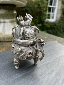 Chinese Buddhist Old Silver Dragon Lion Statue Incense Burner with Lid - Picture 1 of 14