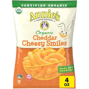 Annie'S Organic Cheddar Cheesy Smiles, Baked Corn Puffs, Gluten Free, 4 Oz - Picture 1 of 12