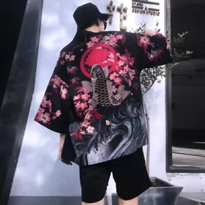 Cardigan Uomo Kimono Giapponese Giacca Noragi Yukata Cappotto Ukiyoe Top Sciolto - Foto 1 di 15