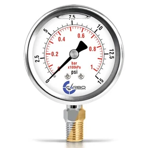 2-1/2" Pressure Gauge, Stainless Steel Case, Liquid Filled, Lower Mnt 15  PSI - Picture 1 of 6