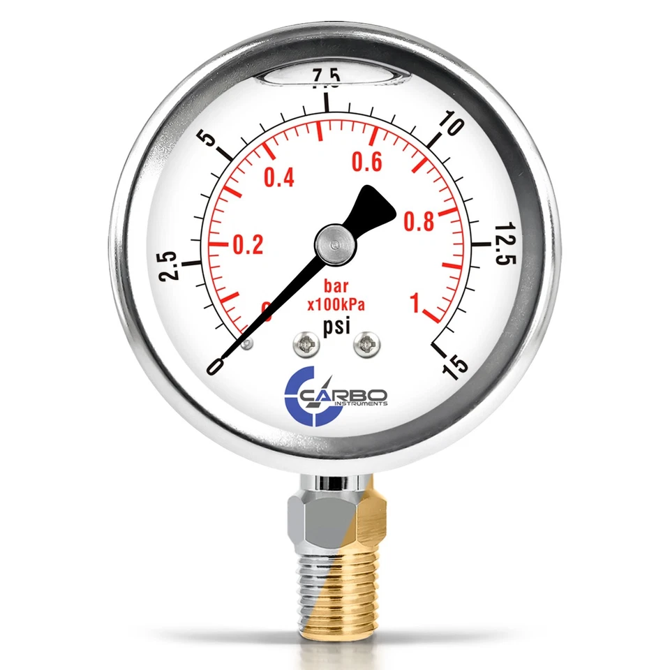2-1/2" Pressure Gauge, Stainless Steel Case, Liquid Filled, Lower Mnt 15  PSI - Image 1 of 4
