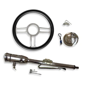 32" Steering Column w/ Key & Black Leather 14" Steering Wheel w/ Horn Button - Foto 1 di 12