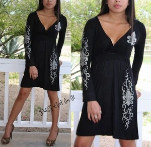 Nuevo VESTIDO PARA MUJER SUAVE PEQUEÑO NEGRO CRISTAL FLOR DE LIS BLING CUELLO EN V S M EE. UU. - Imagen 1 de 7