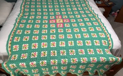 Handcrafted 95X60 Inch Granny Squares Afghan Vibrant Green Heavy Blanket - Image 1 of 4