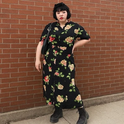 Vestido midi vintage Y2K Express para mujer 10 negro floral cuello mandarín con cordones Foto 1 de 4