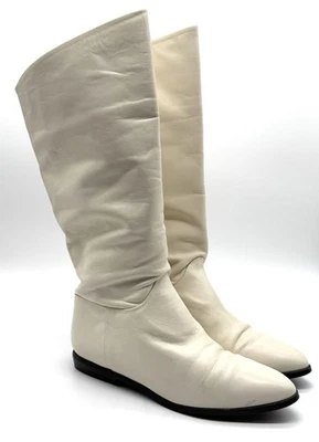 Vtg Nine West Cream Leather Slouch Boots 7M Pointed Toe Low Heel Made Brazil - Image 1 of 4