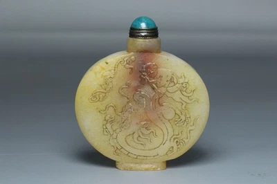Antigua botella de tabaco china de jade hetiano tallada a mano para niño y dragón Foto 1 de 4