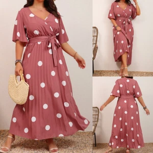 Plus Size Women Polka Dot V Neck Maxi Dress Waist Belted Summer Holiday Sundress - Picture 1 of 17