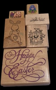 Easter Stamps Bunny Egg Basket Set Of 6  Happy Easter Grass Birdhouse - Picture 1 of 20