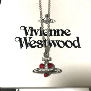 NM Vivienne Westwood Diamante Heart Orb Small Necklace Silver Red JP authentic - Picture 1 of 3