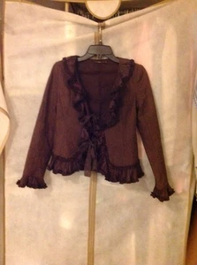 Anthropologie HAZEL Brown Ruffled Jacket Front Lace Ties Size Small - Picture 1 of 12