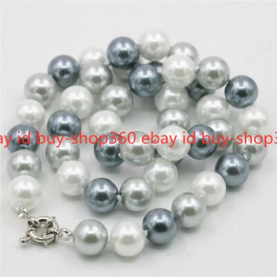 New 10mm White Silver Gray Sea South Shell Pearl Beads Necklace 18-50'' - Image 1 of 4