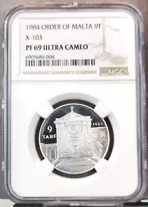 1984 ORDER OF MALTA SILVER 9 TARI X-103 NGC PF 69 ULTRA CAMEO RARE TOP POP 1 - Picture 1 of 3